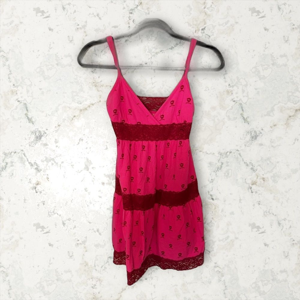 Vintage PINK Victoria's Secret Hot Pink Mini Dress with Burgundy Lace Trim